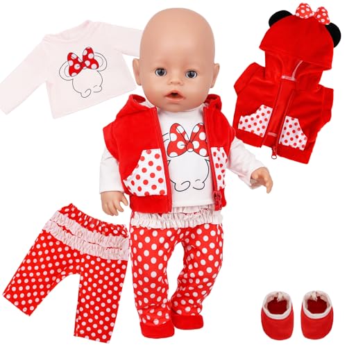 Baby Kleidung für 14-18 Zoll Baby Puppen, Puppenkleidung Puppenkleider Set mit Rote Tupfen-Kapuzenweste Maus-Top Modische Hose Socken für 30-45 cm Neugeborene Baby Puppen Mädchen Ostern Geburtstag