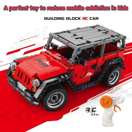 Image of 1:16 RC Building Block Car for Kids, 410 PCS Remote Control Off Road Jeep Toy with 2.4GHz Controller, DIY Construction Brick Car Model, Rechargeable Racing SUV Kit Gift for Boys Girls 6+ Years