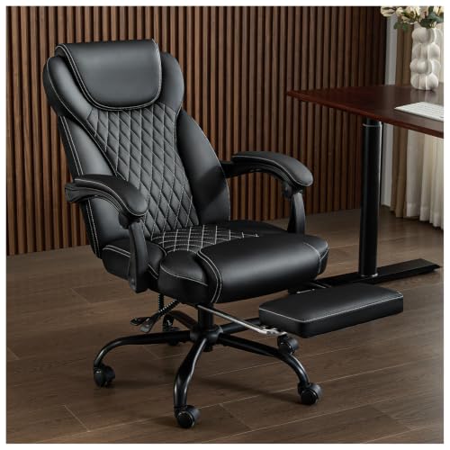 Image of amseatec Big and Tall Office Chair with Footrest, Ergonomic Leather High Back Computer Chair Infinite Lock Reclining 90-135,20 Spring Packs,300lbs Executive Desk Chair for Home Office（Black）