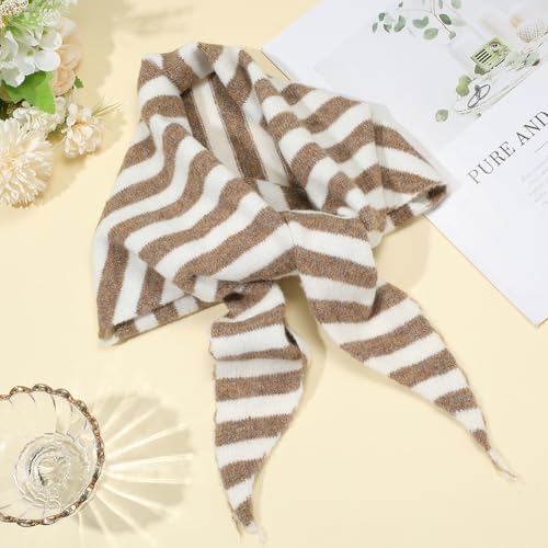 Triangle Knitted Scarf Coffee White Striped Neck Cover Fashion Head Hair Wrap Headband Soft Warm Lightweight Versatile Shawls Scarves for Women Winter Autumn Spring Streetwear Accessories3