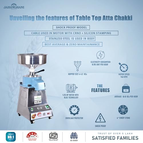 Image of Jaisinghani Group Table Top Stone Grain Mill 1.25 HP | Atta Chakki for Home | Heavy Duty Flour Grinder for Wheat, Rice, and More | Stainless Steel with Natural Stone Grinding