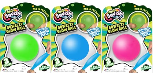 JA-RU Sqweezy Glow Ball (3 Balls Assorted) Glo in the Dark Squishy Toy for Boys & Girls. Stretchy Ultra Squish Feel Fidget for Kids, Teen, & Adult. Irresistible Sensory Relief Party Favor. 4534-Glow-3