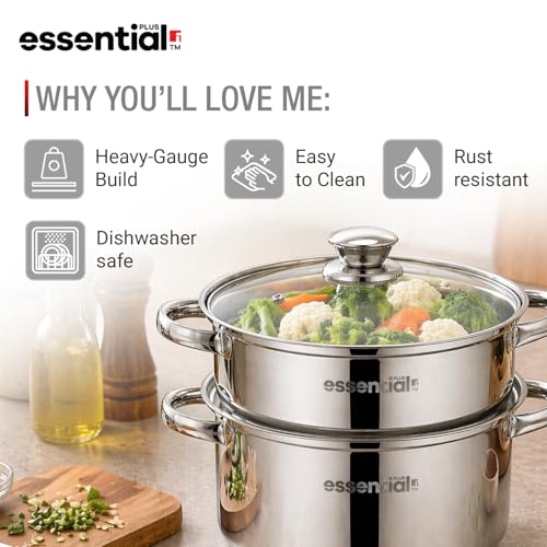 Image of Essential Plus Stainless Steel 2 Tier Steamer (18cm Dia) 2.5L, Multipurpose Pot, Stainless Steel Multi kadai, Even and Fast Heating, For Dhokla, Modak, Patra etc - Induction and Gas Stove Ready