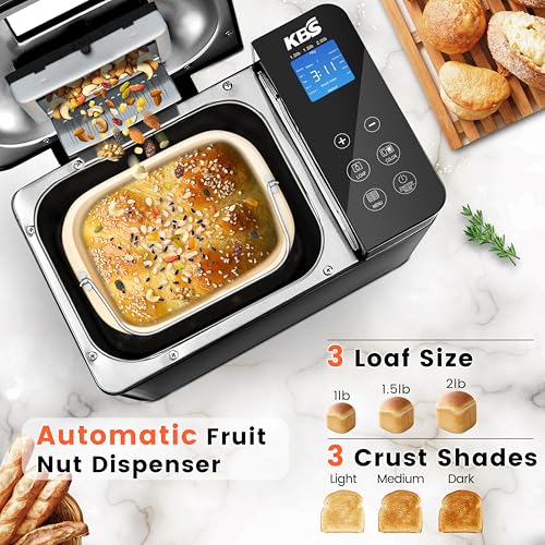 Image of KBS 710W 2LB Bread Maker Dual Heaters, 17-in-1 Stainless Steel Bread Machine with Healthy Ceramic Pan, Automatic Nut Dispenser, Tempered Glass Touch Panel, 3 Crust Colors, 15H Timer& Keep-Warm,Recipes