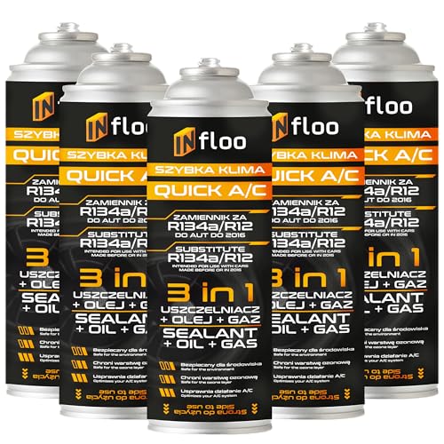 INfloo 5x Quick A/C 3-en-1 – Gaz R134a + Huile + Scellant | 5x185g (1,73L) | Climatiseur voiture jusqu’à 2016 | Remplaçant R134a | Gants