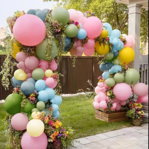 Colorful Balloon Arch Double Stuffed Latex Blue Yellow Green Pink Balloons Wildflower Balloon Garland for Spring Flower Birthday Baby Shower Easter Garden Candy Party Decor