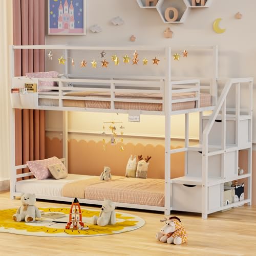 Low Bunk Bed Twin Over Twin with Storage &Guardrails& LED Lights White