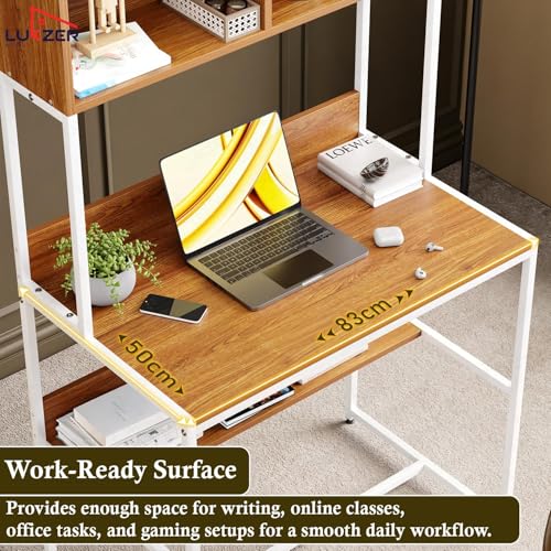 Image of Lukzer Study Table with Open Bookshelf | Engineered Wood with Metal Frame Desk | Modern & Space Saving Computer Workstation with Hutch for Home & Office (MST-010 /White & Oak Brown /143x83x50 cm)