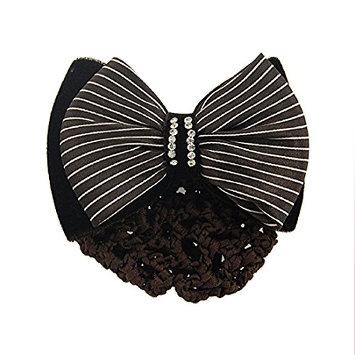 uxcell Women Rhinestone Decor Brown White Striped Bow Barrette Snood Hair Net