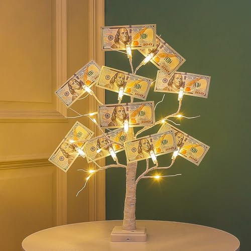 Woohaha 2FT Money Tree with Holder,24LED Lighted Birch Tree Table Centerpiece,Gift Card Battery/USB Powered with 6 Clips and 6 Greeting Cards for Home,Party,Christmas,Wedding,Birthday,Graduation