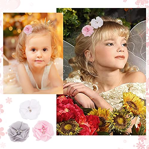 CRASPIRE 24PCS Chiffon Flowers Rhinestone Pearl Silk Flowers Pink White Grey Fabric Flowers DIY Craft Making Accessories for Hair Bow Cloth Brooch Bridal Decoration - Image 3