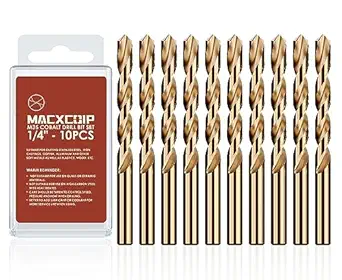 MACXCOIP 1/4" (10pcs) Cobalt Drill Bit Set, M35 High Speed Steel Jobber Length Drill Bit Kit for Hardened Metal, Stainless Steel, Cast Iron, Wood and Plastic, with Index Storage Case