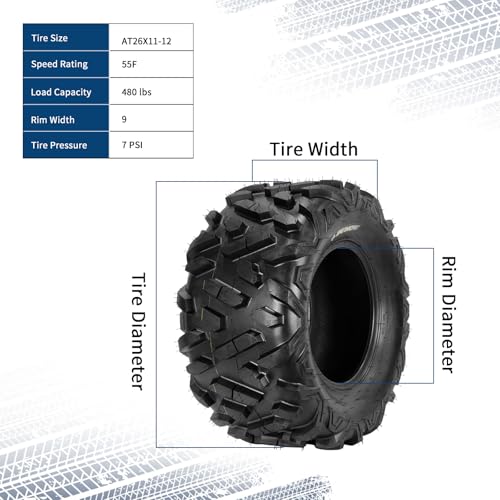 Image of GarveeTech ATV /UTV Tires, Set of 4-26x9-12 Front & 26x11-12 Rear All-Terrain Tires, 6-Ply Tubeless, for Off-Road, Mud, Dirt and Trails