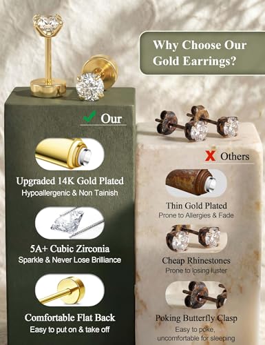 Image of Shining Diva Fashion 12 Pairs Anti Tarnish Earrings Combo Set | 14K Gold Plated | Hypoallergenic Stainless Steel Earring for Sensitive Ears | Flat Back Stud Hoop Cartilage Earring for Multiple Piercing