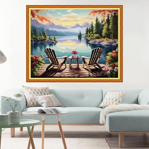 Image of Dimxvean Stamped Cross Stitch Kits,Cross Stitch Kits for Adults Beginners,Embroidery Kits Full Range of Cross Stitch Stamped Kits Needlepoint Kits Cross Stitch Patterns-Rest by the Lake 16x20 inch
