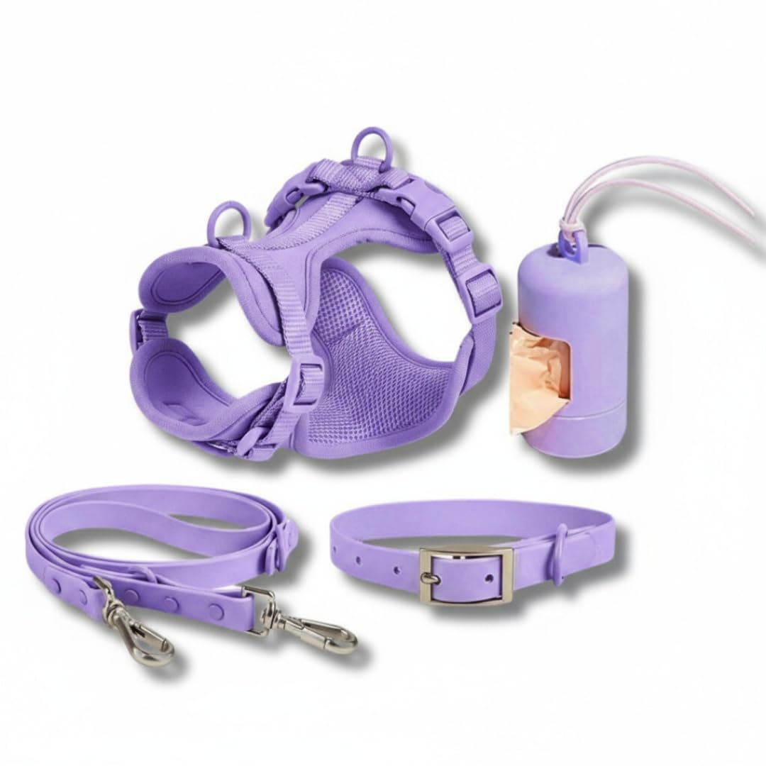 Mushmello Waterproof Dog Harness, Collar, Leash and poop bag holder Set, No-Pull Design, Waterproof Oxford 900D Material, Padded Mesh Lining, S/M (Purple, Medium)