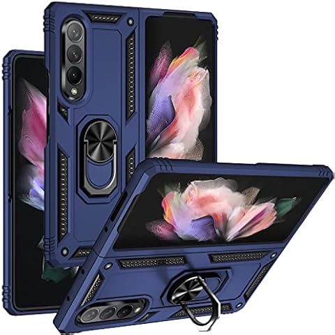 Phone Case for Samsung Galaxy Z Fold 3 5G 2021 with Cover and Stand Ring Holder Hard Shockproof Magnetic Heavy Duty Gaxaly ZFold3 Z3 Fold3 3Z ZFold35G Women Men Blue Cover