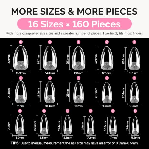 Image of MelodySusie Medium Almond X Nail Tips - 16 Sizes 160 Pcs | Pre-Shaped Soft Gel,Half Matte Full Cover Clear Acrylic Press on Nails for DIY Extension&Salon,Long-Lasting Manicure