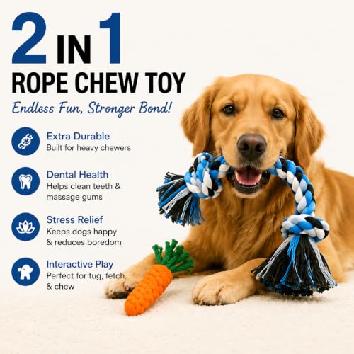 Image of Dog Rope Toys for Large /Medium Aggressive Chewers Tough Rope Chew Toy with Easy Hold Handle, Indestructible Natural Cotton Tug Rope (2-Piece Rope)