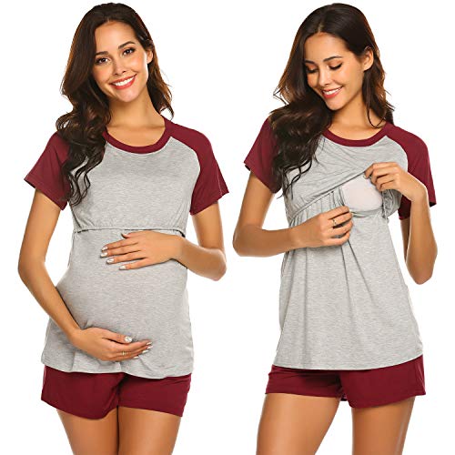 Ekouaer Women's Maternity Nursing Pajama Set Breastfeeding Nightgowns Pregnancy Sleepwear (Wine Red L)