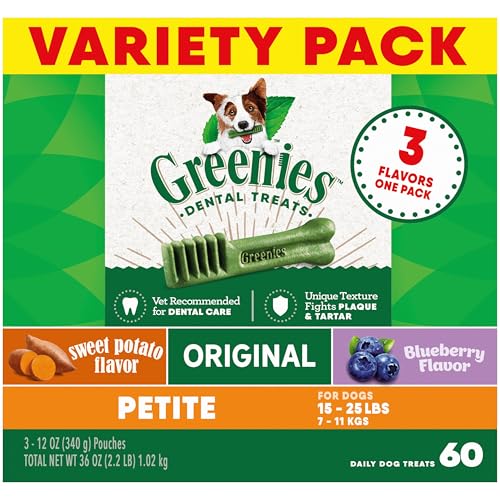 Greenies Petite Dental Dog Treats, 3-Flavor Variety Pack, (3) 12 oz. Pouches, 60 Total Treats