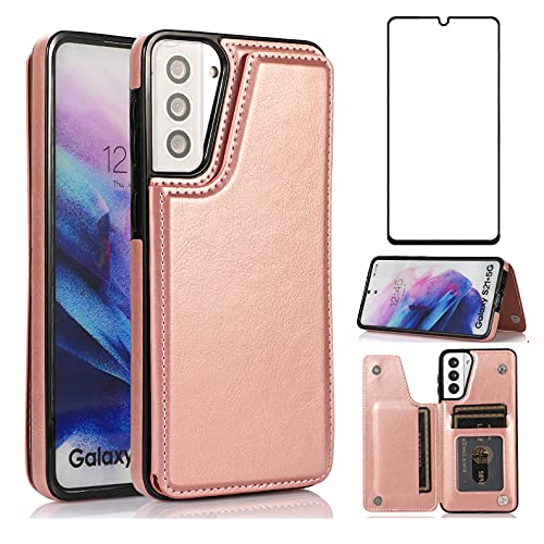 Coque Samsung S21+ 5G antichoc en verre trempé rose et fente de rangement