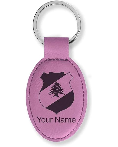 LaserGram Oval Keychain, Coat of Arms Lebanon, Personalized Engraving Included (Pink)