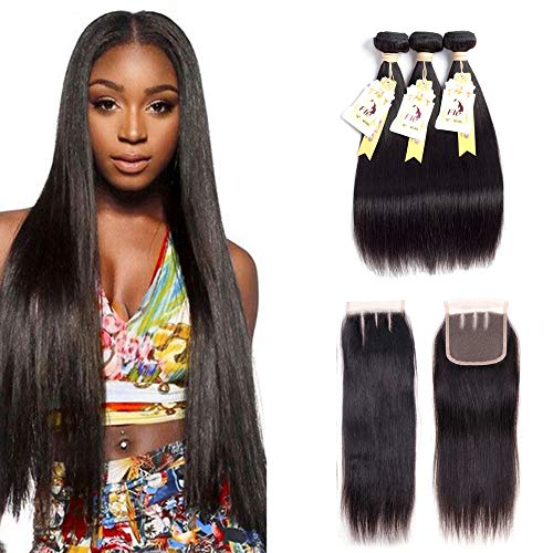 Brazilian Straight Hair Bundles With Closure 3bundles 8A Unprocessed Virgin Human Hair Bundles With Closure Three Part 4x4 Lace Closure Natural Color Hair Extensions(12 14 16+10inch Closure)