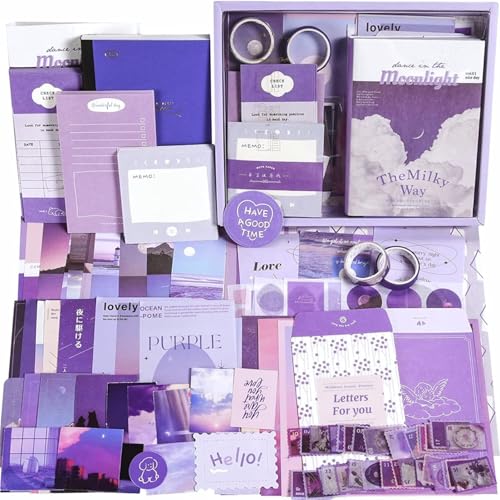 Image of ATIRAMANIYA Scrapbook Kit 232 Pcs, Junk Journal Kit with Journaling Supplies, Scrapbook Paper, A6 Grid Notebook, Washi Stickers, Washi Tape, Scrapbook Kit Craft DIY Gift Set (Purple Book)