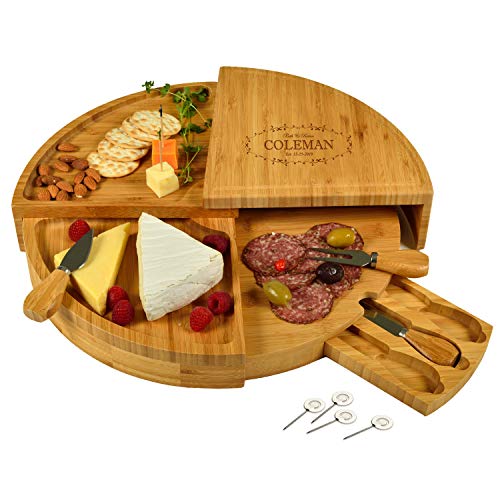 Picnic at Ascot Custom Personalized Engraved Bamboo Cheese/Charcuterie Board - US Patented Design enables Compact All in One Storage
