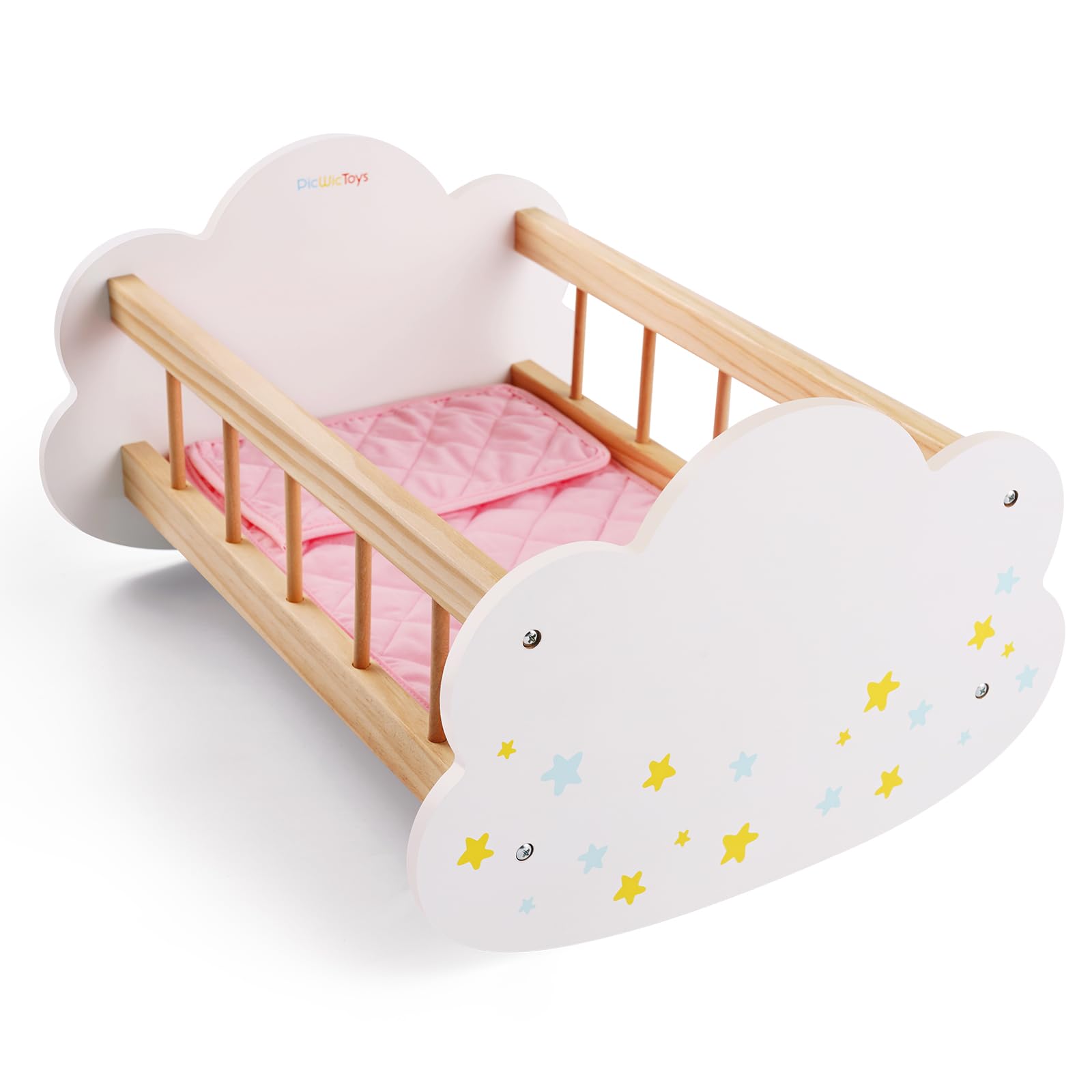 BABESIDE Wooden Baby Dolls Bed for 12-16 Inches Doll, Rocking Babys Doll Crib, Sleep Bed, Baby Dolls Accessories Furniture fit Newborn Dolls Boys&Girls