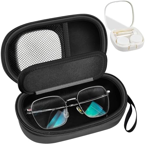 Image of GWCASE 2-in-1 Contact Lens Travel Case for Eyeglasses & Sunglasses | Hard PU Exterior Bag with Soak Storage Kit Included Built-in Mirror Tweezer Contact Lens Solution Bottle-Black(No Glasses)