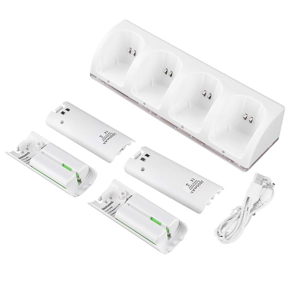 Chargeur de Station de Charge Blanc 4 en 1 avec Batterie 4Pcs 2800mAh pour Wii/Wii Uremotes (Batterie 2800mAh)