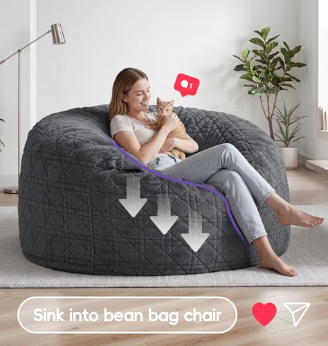 Image of 5FT Bean Bag Chair Oversized Bean Bags for Adults Large Bean Bag Beanbag Chair Washable Cover Quilted Plush Bean Bags Giant Memory Foam Bean Bag Chairs for Adults Pocket Bedrooms Living Room(Darkgrey)
