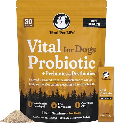 Vital Probiotics for Dogs – Wolf Microbiome, Daily Digestive Health, Dog Probiotics for Digestive Health, Powder Probiotic Supplement, Prebiotics & Postbiotics, Veterinarian Developed, 30 Packets