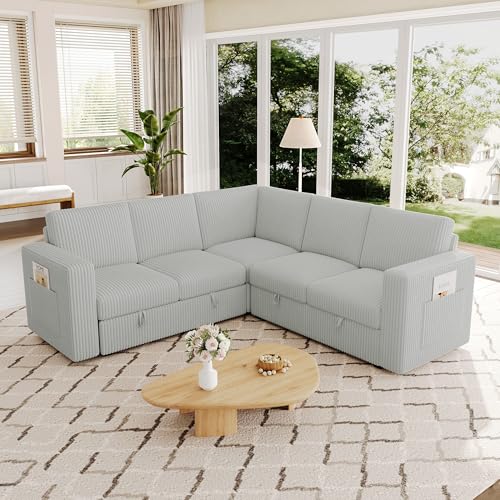 Image of 83.5 inch Corduroy Sectional Sleeper Sofa, Pull Couch with Storage, Light Gray | 5 Seat Comfy Couches for Living Room, Apartments, or Guest Spaces; Sectionals Modular Sofa Design, Comfortable Seating.