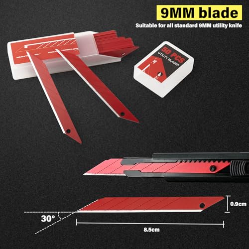 Image of 9mm Utility Knife Replacement Blades,30 Degree Snap Off Carbon Steel Knife Blades for Retractable Cutting Knives, Hobby, Craft, Box Cutter 100PCS (Red)