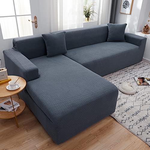 Canapé d'angle moderne 5 places en forme de L, idéal pour les enfants et les animaux de compagnie. Tissu élastique résistant, confortable et polyvalent pour toutes les saisons, gris foncé, 300-360 c