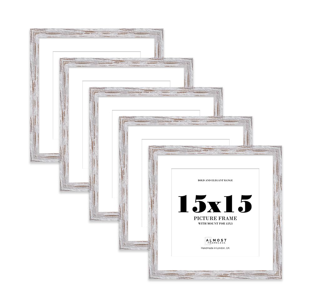 15x15" Distressed Wood Square Frame With Mount for 13x13" Pictures 28mm Edge Frame Display with Wall Hooks, 5 Pack