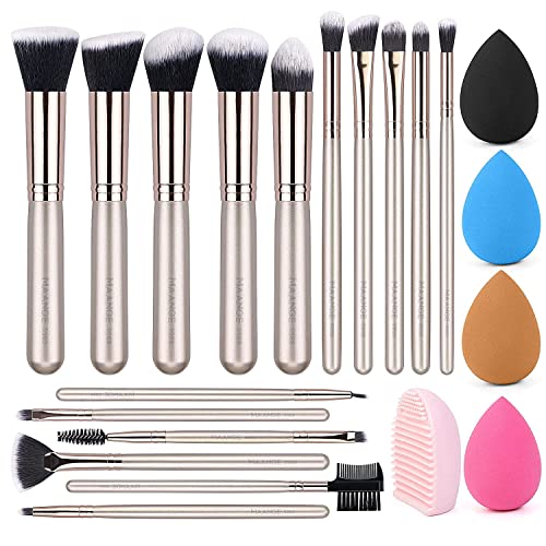 MAANGE Makeup Brushes 16 Pcs with Makeup Sponges 4 Pcs and 1 Brush Cleaner Kabuki Foundation Brush for Liquid Eye Make Up Brush (Champagne Gold)