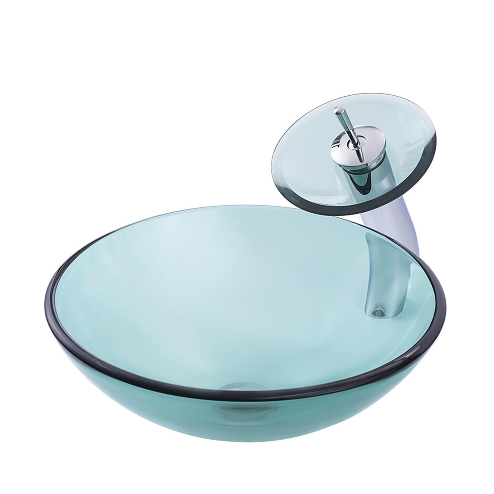 17" Clear Glass Vessel Sink - Round Above Counter Bathroom Sink with Faucet & Pop-Up Drain Combo - Stylish Vanity Upgrade for Modern Bathrooms