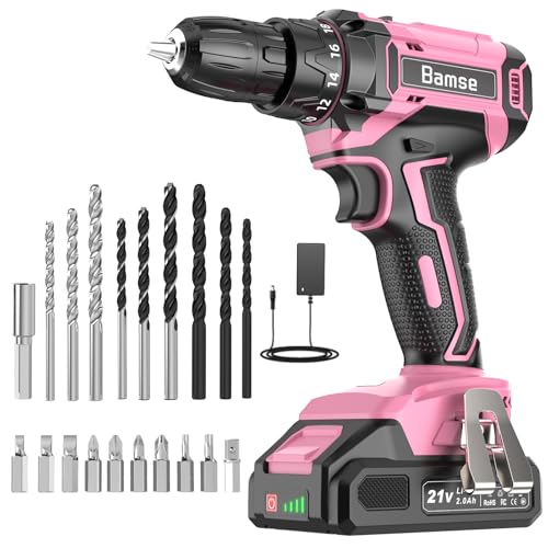 Image of Pink Cordless Drill Set, 21V Electric Power Drill for Women with 2.0Ah Battery Charger, 3/8”Keyless Chuck, 2 Variable Speed, 18+1 Torque, 20pcs Driver Bits and Belt Hook for DIY Projects