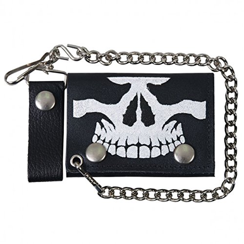 SKULL, Detachable Chain & Leather Belt Loop Snap, Bikers Tri-Fold Leather WALLET
