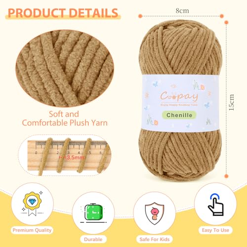Image of Coopay Chenille Yarn for Crocheting, 8 Pack Medium Weight Yarn - CYC #4 - Total 520yd, Soft Crochet Yarns for Plush Toys, Blankets, Scarves (Brown)