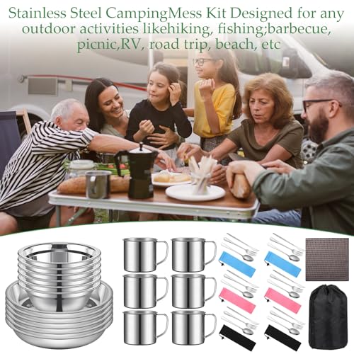 Lallisa Outdoor Camping Cookware Mess Kit Polished Stainless Steel Dishes Camping Utensils Portable Tableware with Plates Cups Spoons Forks Knives Mesh Bag for Backpacking Hiking - Image 6