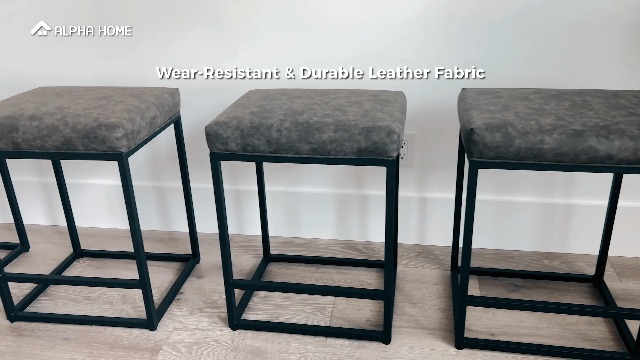 Butacos de barra ALPHA HOME, altura 24 pulgadas, juego de 2, color gris con cojín y patas negras, estilo moderno, estructura de metal y asiento de cuero sintético miniatura 7