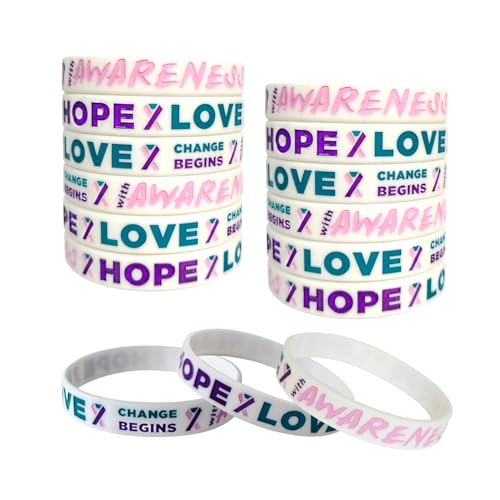 TSYMINQC 50pcs Pink Purple Teal Ribbon Silicone Bracelets Thyroid Cancer Awareness Rubber Wristbands Cancer Awareness Products
