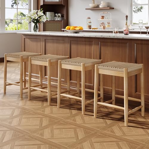 Merax Counter Height Barstools Set of 4, Wood Backless Counter Stools with Acacia Wood Legs and Natural Rattan Seat, 25.8 Inch Bar Stools for Kitchen Island Dining Room