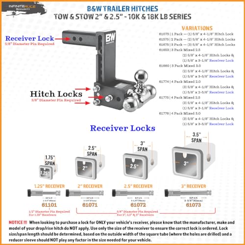 InfiniteRule Security 61675 | 3 Pack, Keyed Alike, Hitch Locks for B&W 2.0\" & 2.5\" Tow & Stow 10K LB & 18K LB - Fits Adjustable Ball Mount Only - Does NOT FIT Vehicle Receiver - Thumbnail 2
