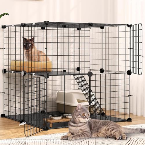 LIODUX Large Cat Cage 50PCS DIY Cat Enclosure Indoor Cats Playpen Detachable Metal Wire Kennels Durable Pet Crate Large Exercise Place Ideal for 1-2 Cats Small Animals (70 x 70 x 70CM)